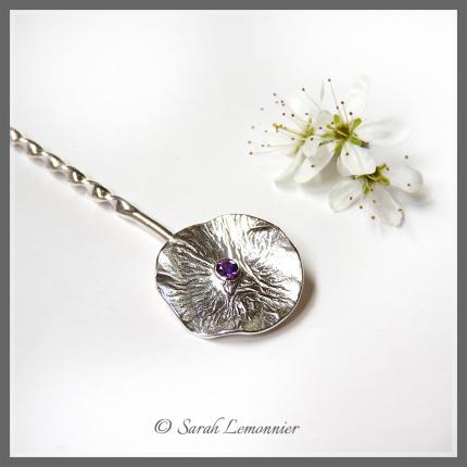 Pic à cheveux CHAMPÊTRE fleur d argent et améthyste