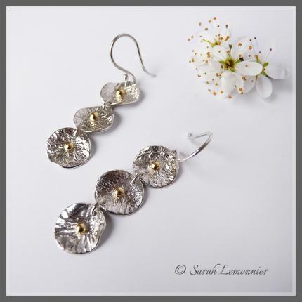 Boucles d oreilles longues fleurs en argent et perle d or jaune artisan