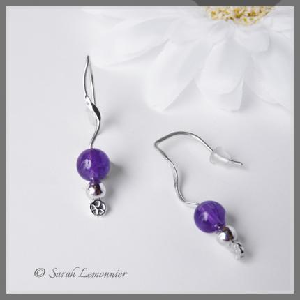 Boucles d oreilles nature champêtre fleur et perles d améthyste violette