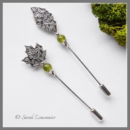 Broche fibule en argent nature feuille d érable et feuille longue