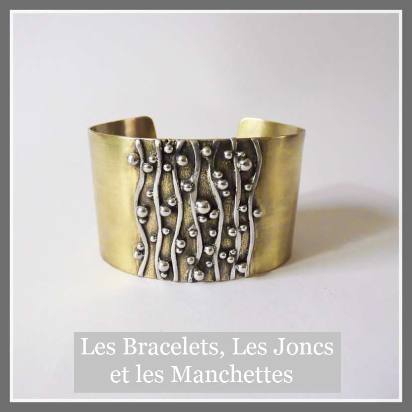 Bracelet manchette en laiton, fil et perle d'argent